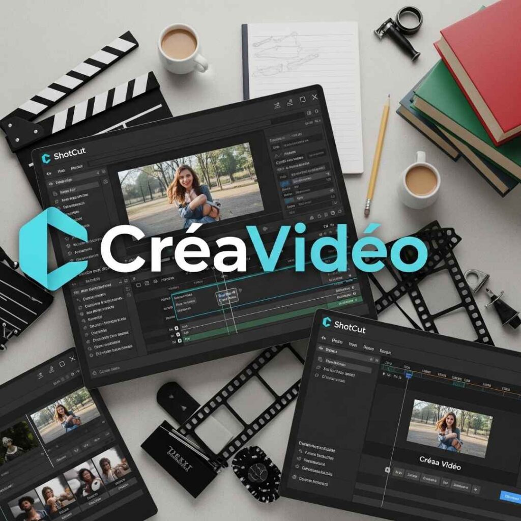 Tablette avec logiciel de montage vidéo ouvert avec le texte CreaVIdeo au centre de l'image