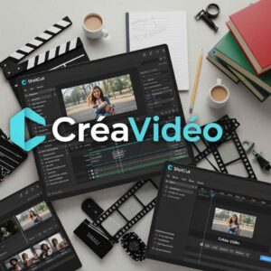 Tablette avec logiciel de montage vidéo ouvert avec le texte CreaVIdeo au centre de l'image