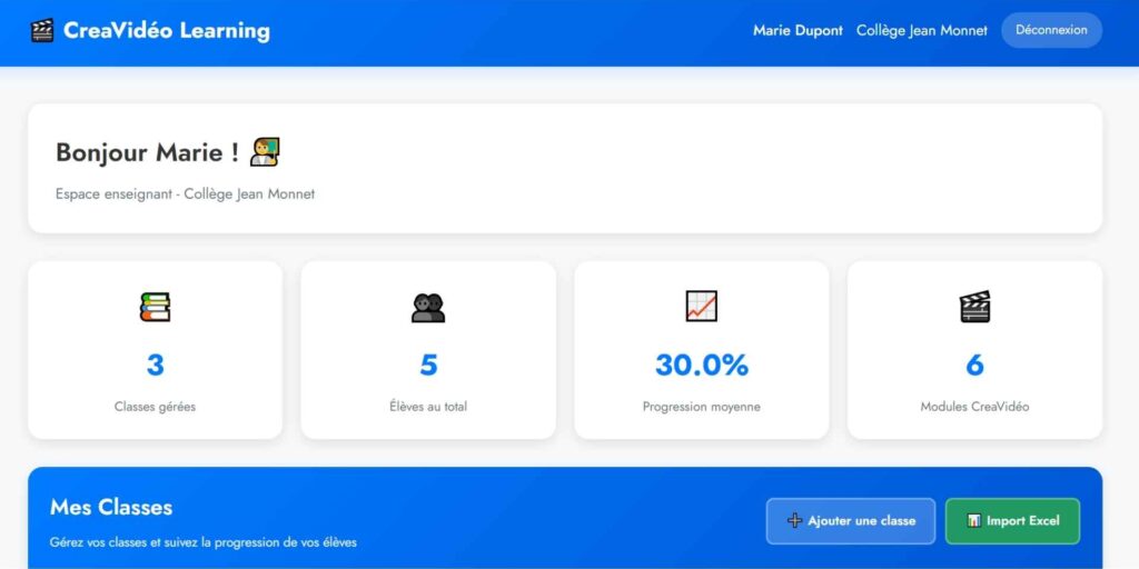 Interface professeur de la plateforme Creavidéo Learning conçu pour les collèges