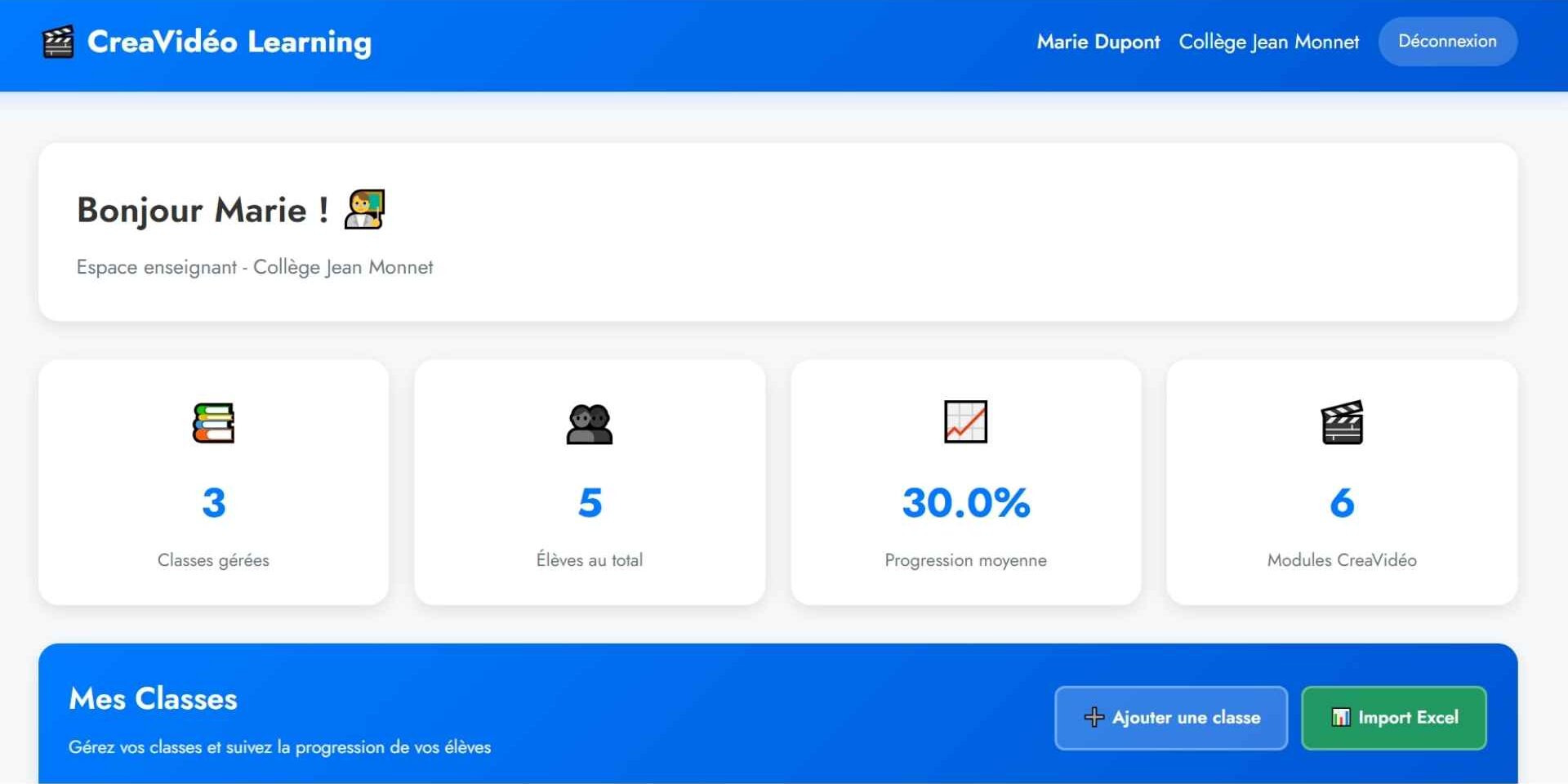 Interface professeur de la plateforme Creavidéo Learning conçu pour les collèges